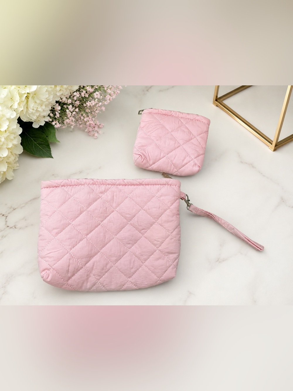 2PC Pink Quilted Cosmetic Bag & Coin Pouch Set Wristlet Travel Makeup Organizer